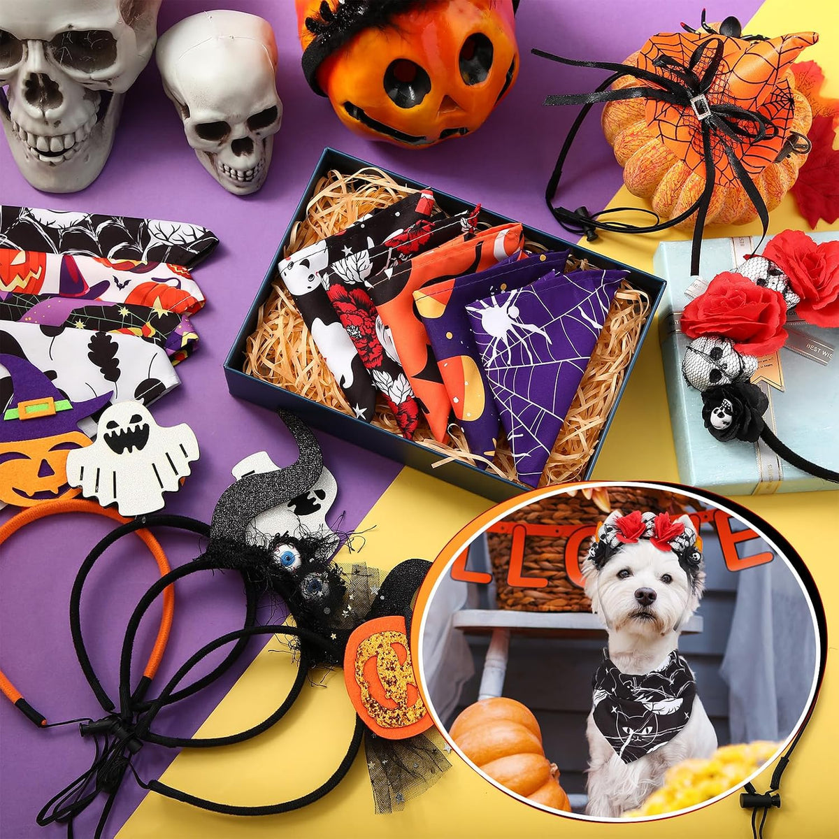 18 Pcs Halloween Dog Headbands and Bandanas. Pet Costume Accessories