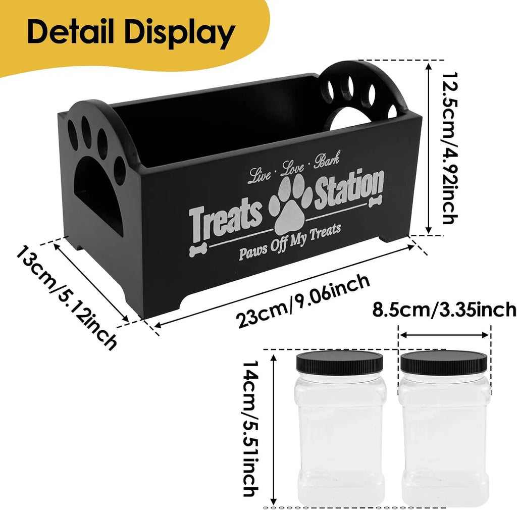 Dog Treat Container,Wooden Dog Biscuit Organiser with 2 Plastic Jars,Pet Treat Station for Dog and Cat,Storage Canister for Pet Owners and Lovers (Black)