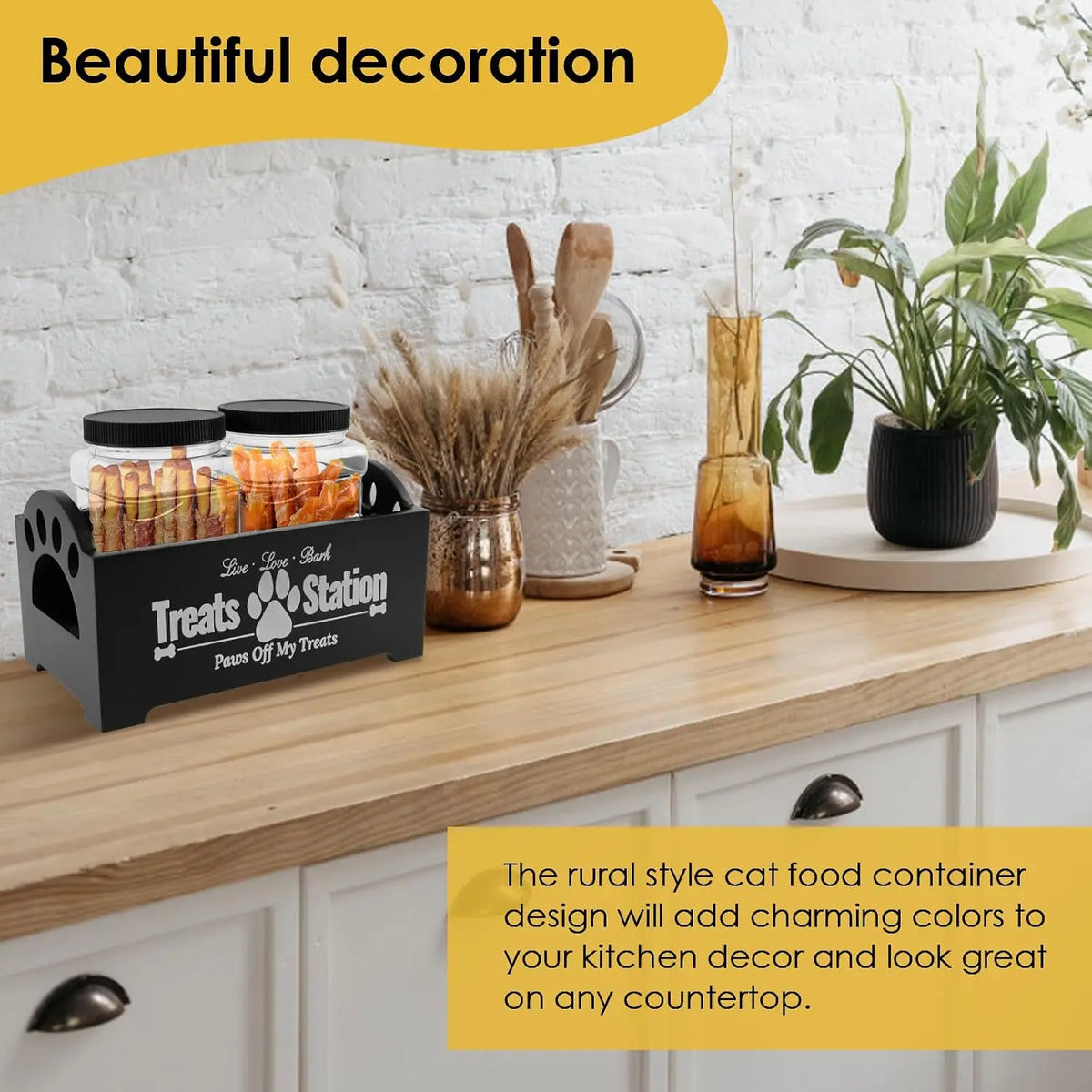 Dog Treat Container,Wooden Dog Biscuit Organiser with 2 Plastic Jars,Pet Treat Station for Dog and Cat,Storage Canister for Pet Owners and Lovers (Black)