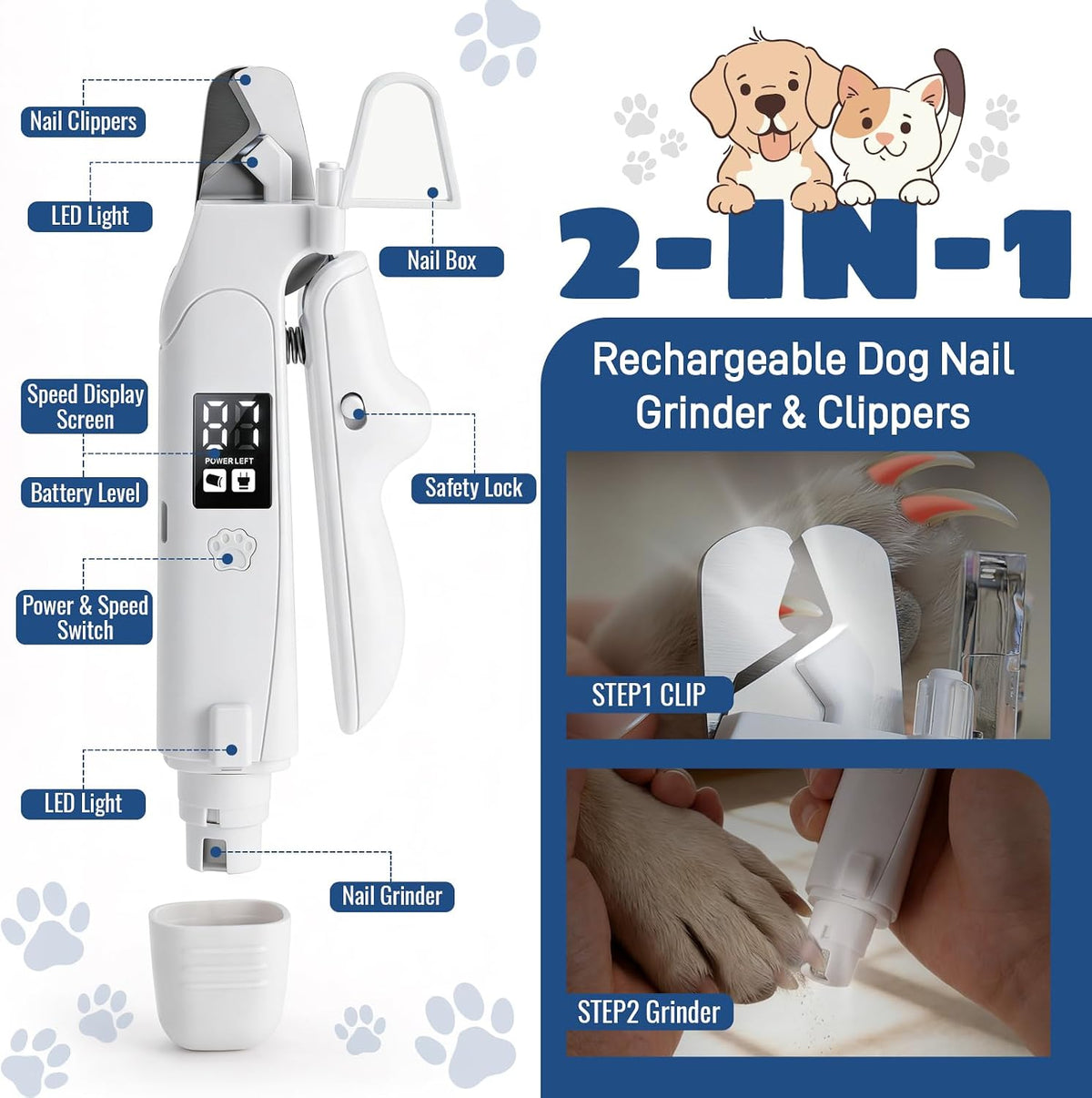 Dog Nail Clippers with Light, 2-In-1 Cat Nail Clippers