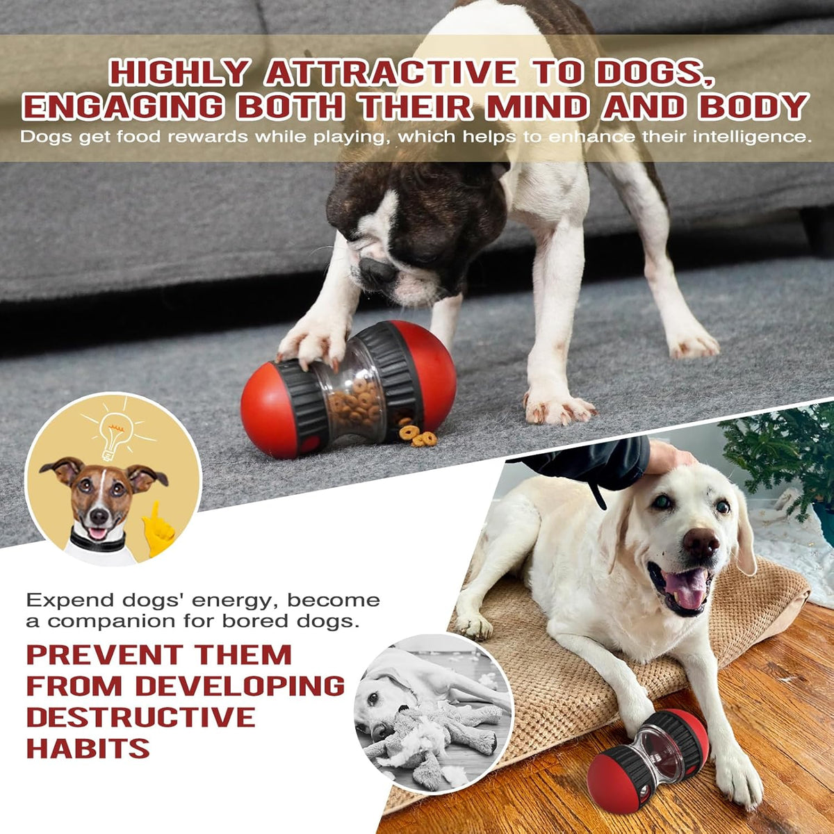 Dog Puzzle Toy Treat Dispenser Ball, Adjustable Rolling Dog Enrichment Toy & Slow Feeder for Medium Large Dogs, Mental Stimulation Toy to Keep Dogs Busy, L Red