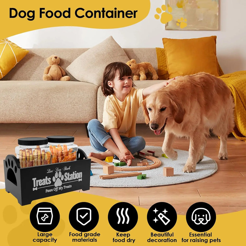 Dog Treat Container,Wooden Dog Biscuit Organiser with 2 Plastic Jars,Pet Treat Station for Dog and Cat,Storage Canister for Pet Owners and Lovers (Black)