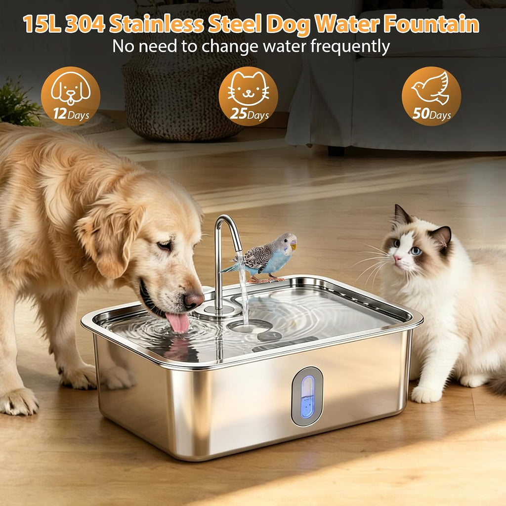15L/4Gal Stainless Steel Dog Water Fountion Pet Fountain,1Set Filter