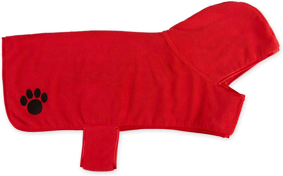 Pet Robe Collection Embroidered Absorbent Microfiber Bath Robe with Adjustable Closure, for Dogs & Cats, Large, Red