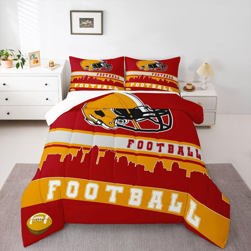 Football Comforter Set Full Football Fans Bedding for Kids Football City Bedding Comforter Sets Red Yellow Rugby Competition Room Decor Sports Ball Game Duvet Insert