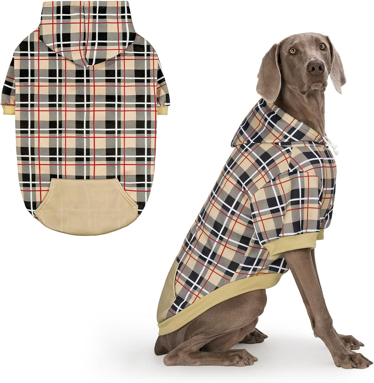Plaid Dog Hoodie - British Style Warm Dog Sweater Shirt with Leash Hole,Pitbull Clothes Outfits,Winter Coat Apparel for All Breeds Puppy Girl Boy-Cat Apparel,Beige Xl-Xxlarge