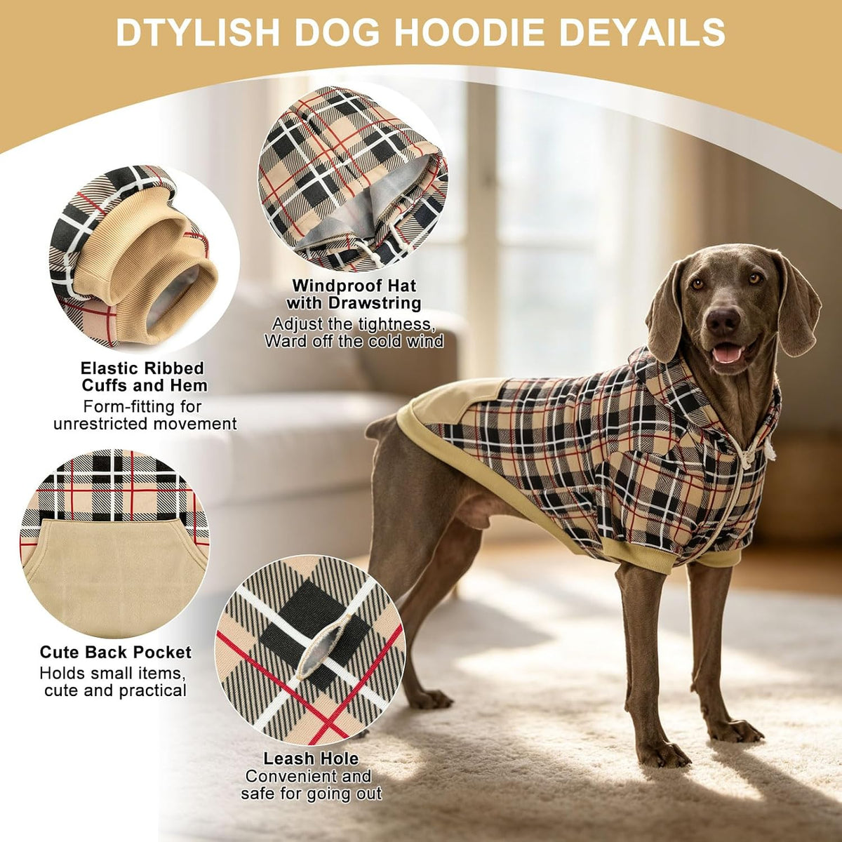 Plaid Dog Hoodie - British Style Warm Dog Sweater Shirt with Leash Hole,Pitbull Clothes Outfits,Winter Coat Apparel for All Breeds Puppy Girl Boy-Cat Apparel,Beige Xl-Xxlarge