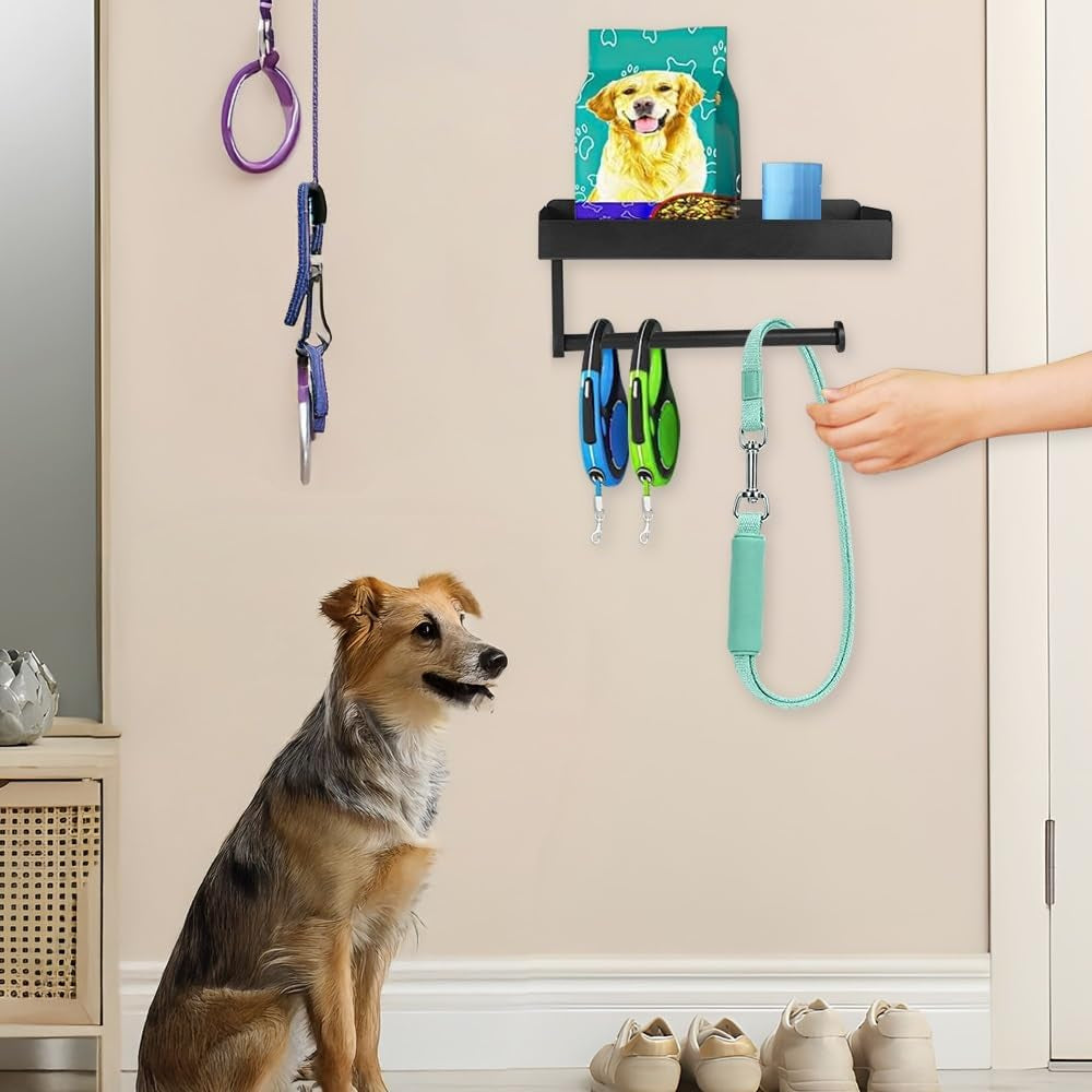 Magnetic Dog Leash Holder, Pet Stuff Organizer with Shelf Storage for Refrigerator, Metal Rack for Dog Collar Leash Toy Treats, Multifunctional Entryway Key Rack for Home Kitchen Bathroom