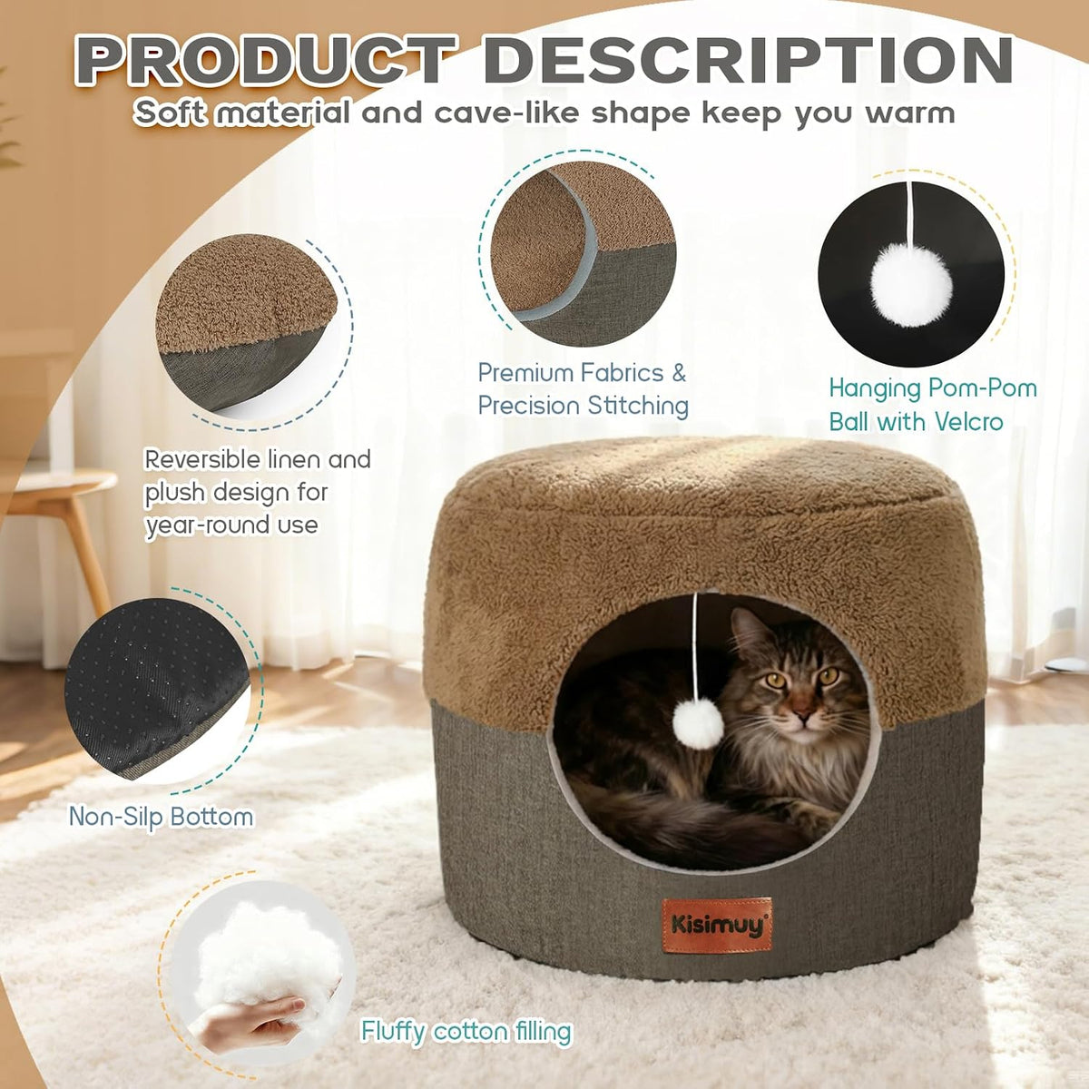 2-In-1 Cat Bed Cave, Cozy Covered Cat Beds for Indoor Cats,Pet Bed