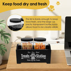 Dog Treat Container,Wooden Dog Biscuit Organiser with 2 Plastic Jars,Pet Treat Station for Dog and Cat,Storage Canister for Pet Owners and Lovers (Black)