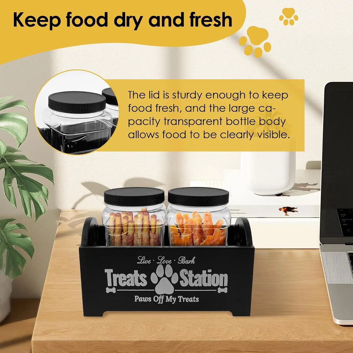 Dog Treat Container,Wooden Dog Biscuit Organiser with 2 Plastic Jars,Pet Treat Station for Dog and Cat,Storage Canister for Pet Owners and Lovers (Black)