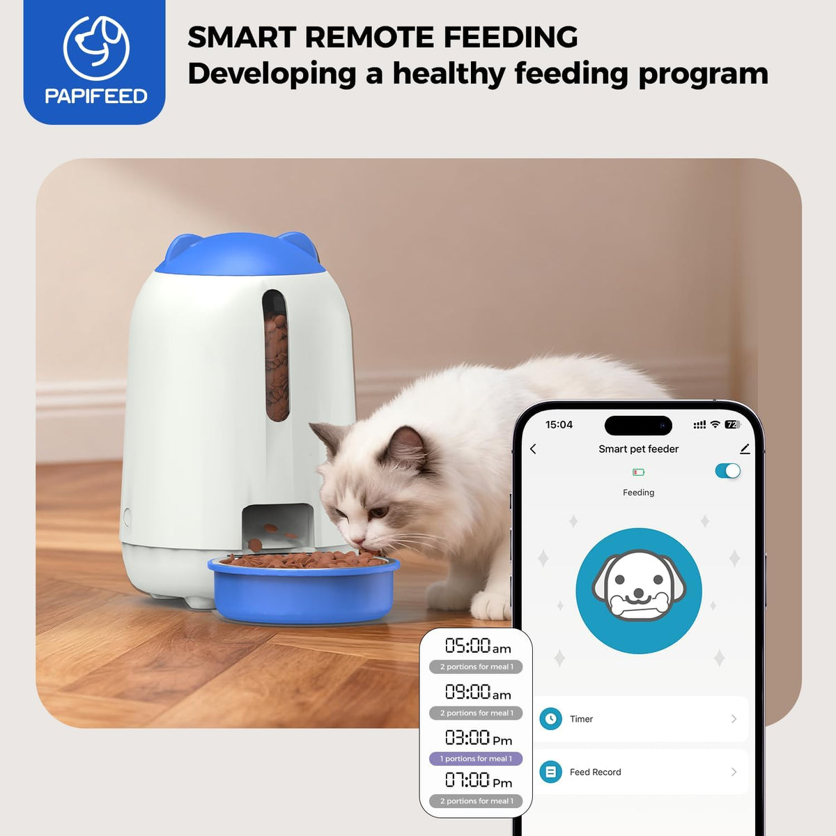 Automatic Cat Feeder with App, 2.4G Wifi Cat Food Dispenser, 3L Timed Cat Feeders for Dry Food, 10 Meals/Day, 6 Portions/Meal, Dual Power Supply Smart Pet Feeder for Cat, Blue