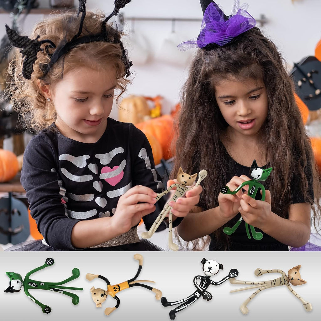 Halloween Bendable Figures - Set of 12 Flexible Dog and Cat Toys in 4 Spooky Designs, Fun Halloween Toys for Kids, Non-Candy Trick or Treat Supplies, and Party Favors