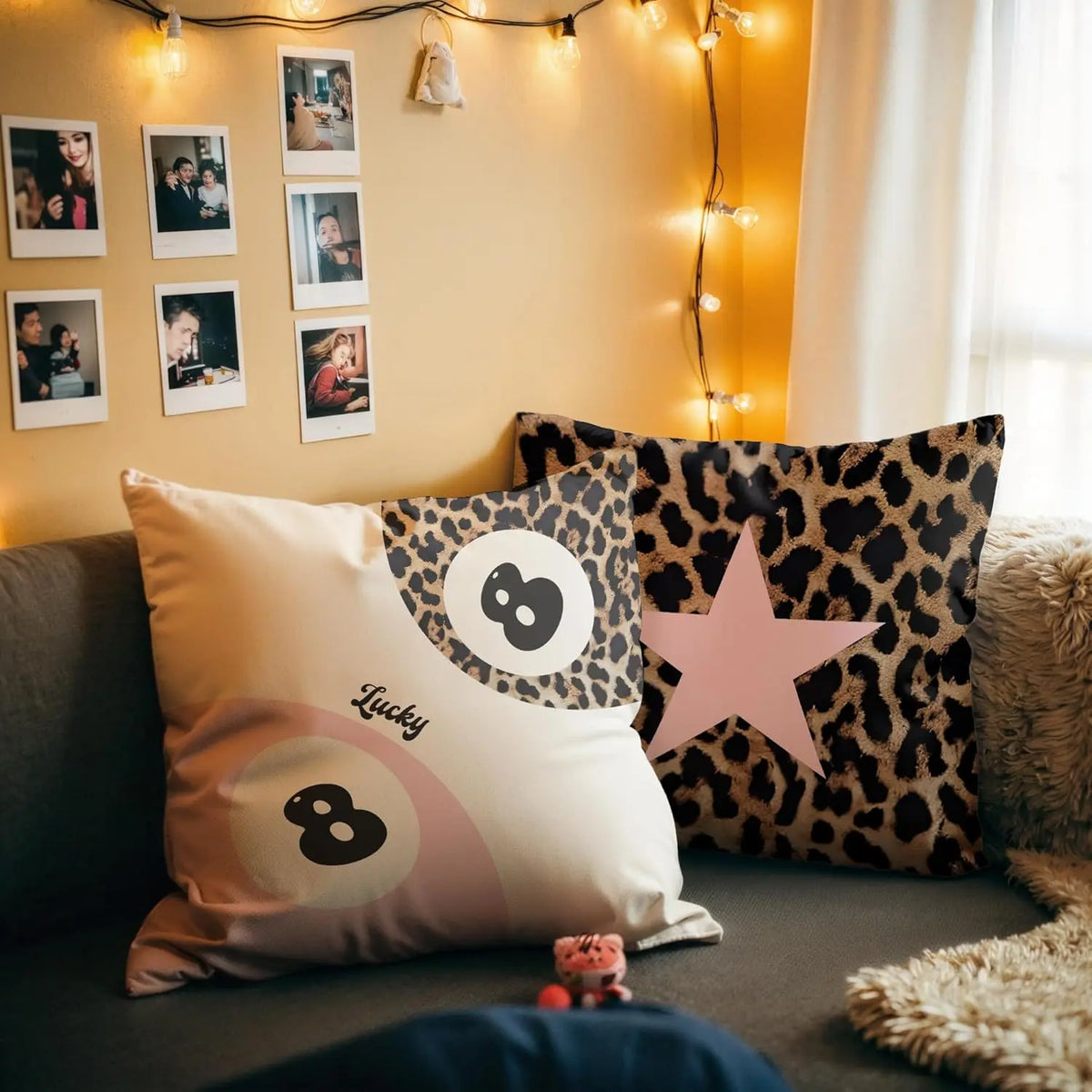 18X18 in Durable Linen Animals Printed Fabric Cushion Covers (2-Piece Set) - Stain Resistant Pink Cheetah Print & Lucky 8-Ball Design, Preppy Blend Sweet Look, Girls’ Bedroom Accent Gift for Cheetah Lovers