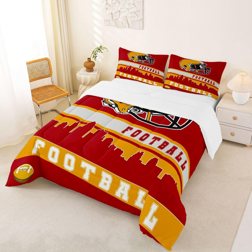 Football Comforter Set Full Football Fans Bedding for Kids Football City Bedding Comforter Sets Red Yellow Rugby Competition Room Decor Sports Ball Game Duvet Insert