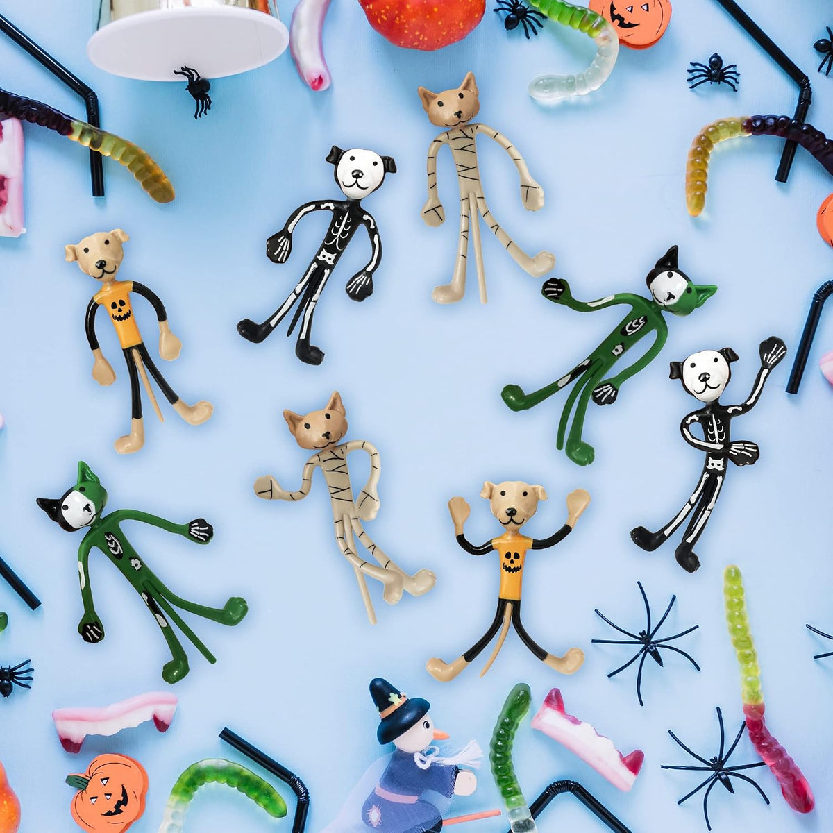 Halloween Bendable Figures - Set of 12 Flexible Dog and Cat Toys in 4 Spooky Designs, Fun Halloween Toys for Kids, Non-Candy Trick or Treat Supplies, and Party Favors
