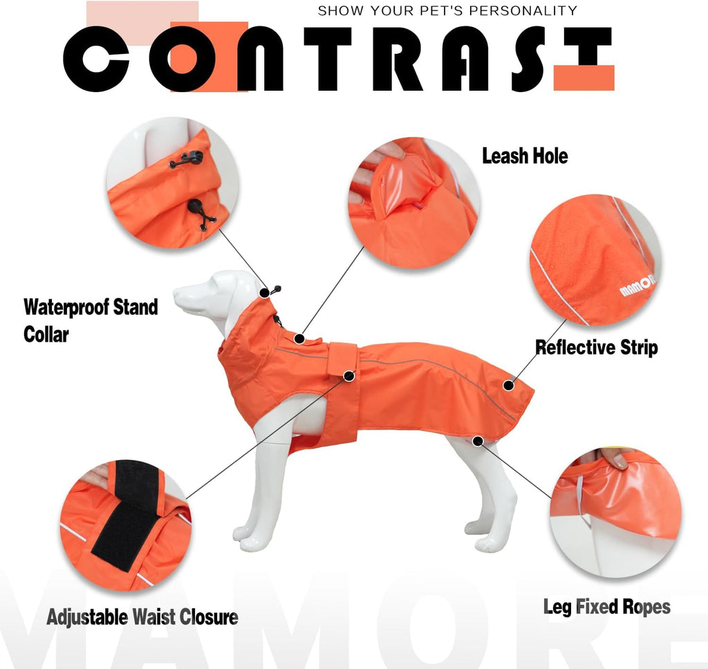 Waterproof Dog Raincoat with Reflective Strip, Adjustable Breathable Rain Coat Jacket with Leash Hole for Dogs (Orange, Medium)