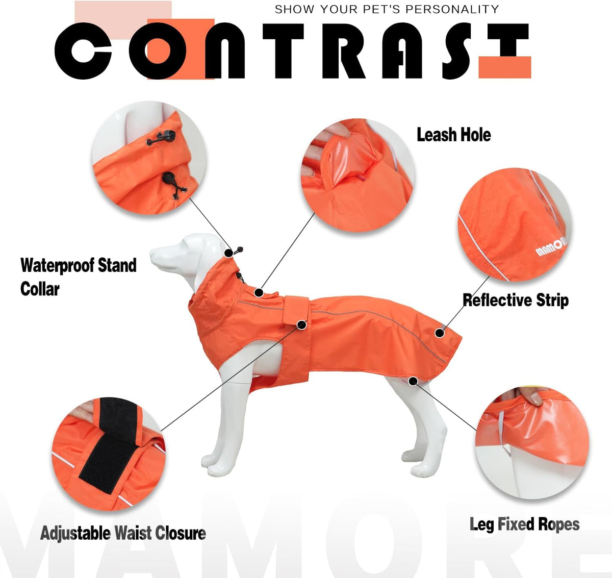 Waterproof Dog Raincoat with Reflective Strip, Adjustable Breathable Rain Coat Jacket with Leash Hole for Dogs (Orange, Medium)
