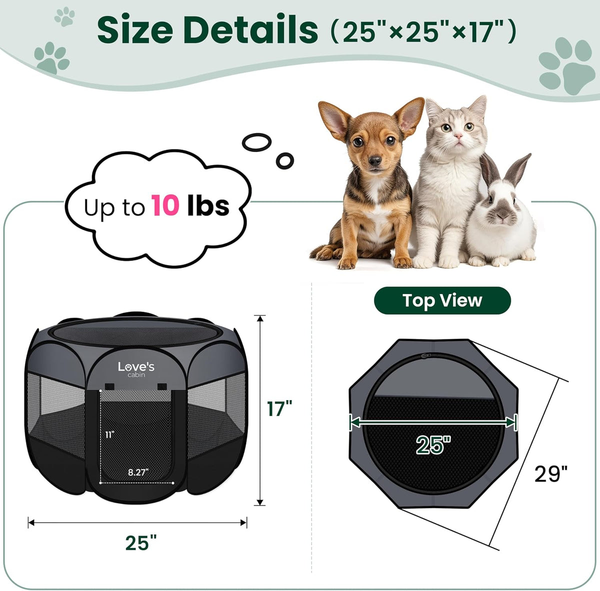 Pet Puppy Dog Playpen, Small Dog Tent Crates Cage Indoor/Outdoor, Portable Playpen for Cat, Foldable Pop up Dog Kennel Playpen with Carring Case, Removable Zipper Top, Dark Grey