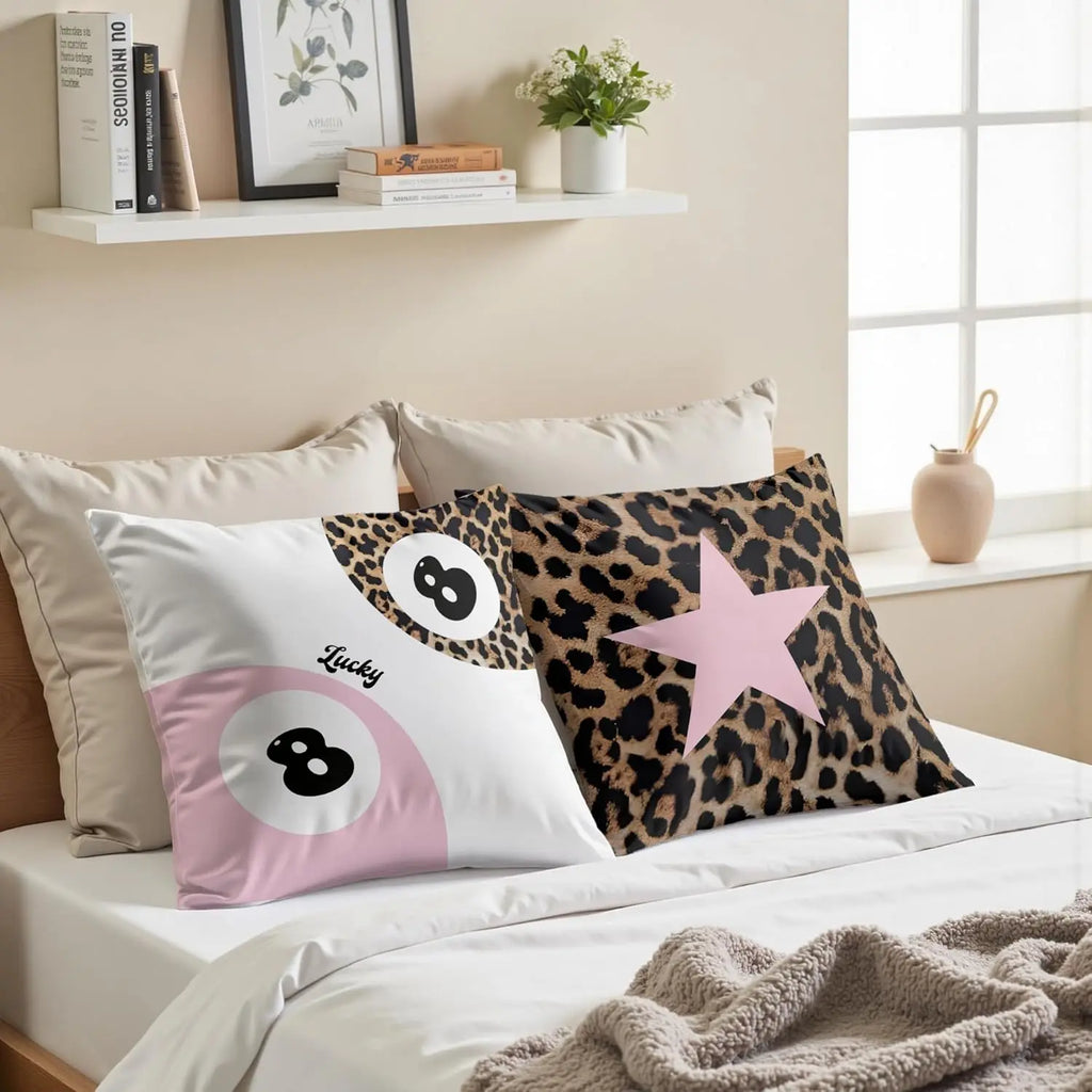 18X18 in Durable Linen Animals Printed Fabric Cushion Covers (2-Piece Set) - Stain Resistant Pink Cheetah Print & Lucky 8-Ball Design, Preppy Blend Sweet Look, Girls’ Bedroom Accent Gift for Cheetah Lovers