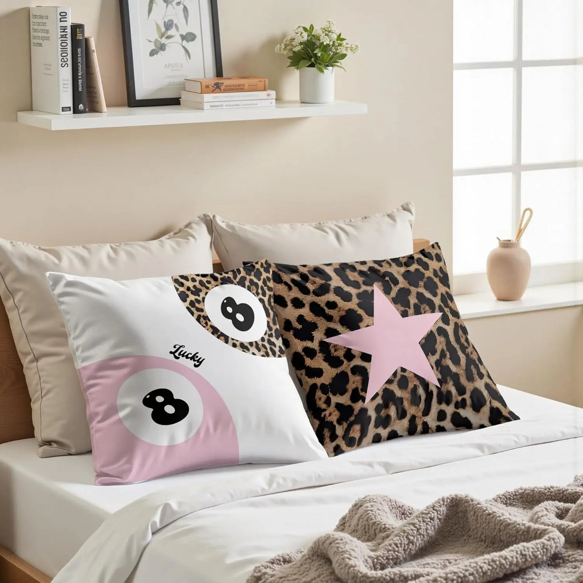 18X18 in Durable Linen Animals Printed Fabric Cushion Covers (2-Piece Set) - Stain Resistant Pink Cheetah Print & Lucky 8-Ball Design, Preppy Blend Sweet Look, Girls’ Bedroom Accent Gift for Cheetah Lovers