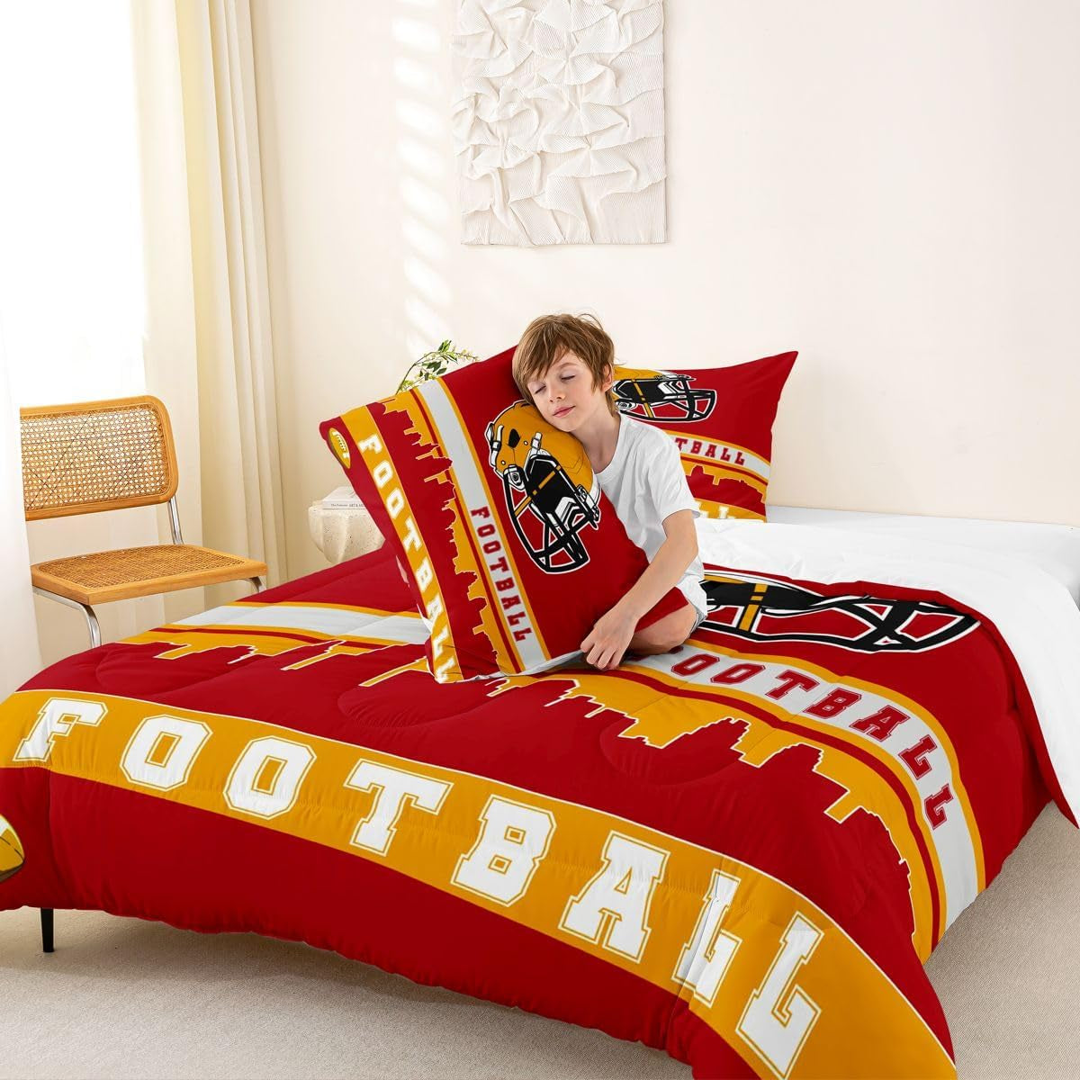 Football Comforter Set Full Football Fans Bedding for Kids Football City Bedding Comforter Sets Red Yellow Rugby Competition Room Decor Sports Ball Game Duvet Insert