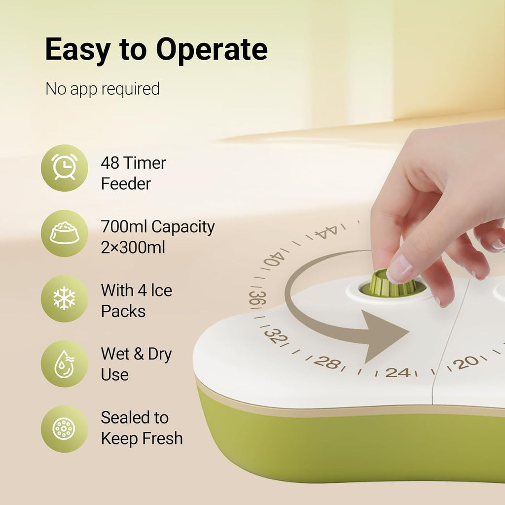 2-Meal Automatic Wet Food Feeder with Ice Packs,48H Timer, Cats & Small Dogs, Battery Operated, Dual Trays