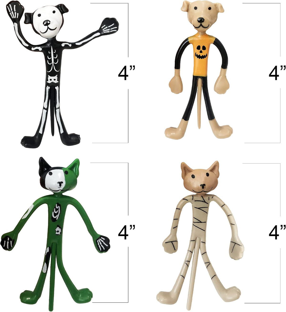 Halloween Bendable Figures - Set of 12 Flexible Dog and Cat Toys in 4 Spooky Designs, Fun Halloween Toys for Kids, Non-Candy Trick or Treat Supplies, and Party Favors