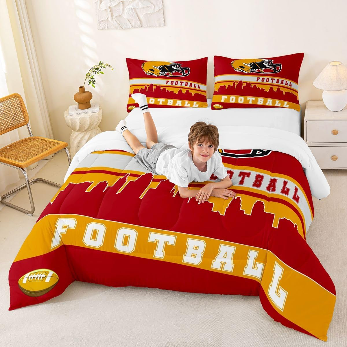 Football Comforter Set Full Football Fans Bedding for Kids Football City Bedding Comforter Sets Red Yellow Rugby Competition Room Decor Sports Ball Game Duvet Insert