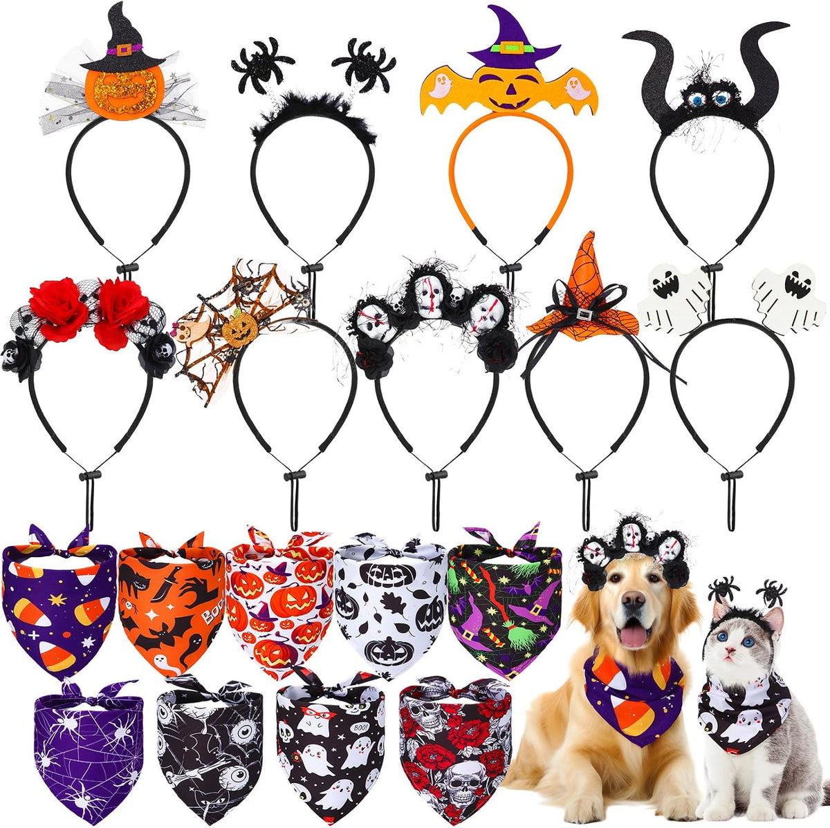 18 Pcs Halloween Dog Headbands and Bandanas. Pet Costume Accessories