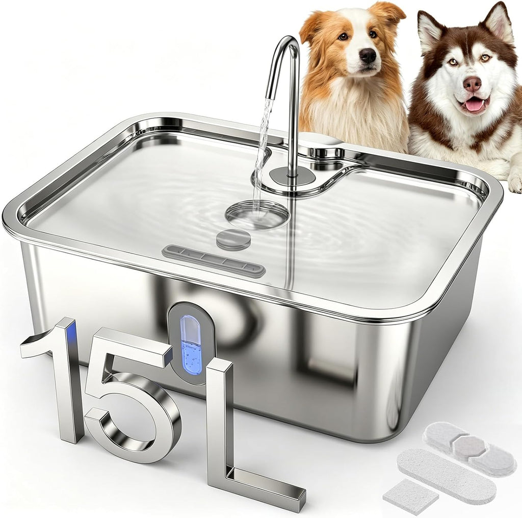15L/4Gal Stainless Steel Dog Water Fountion Pet Fountain,1Set Filter