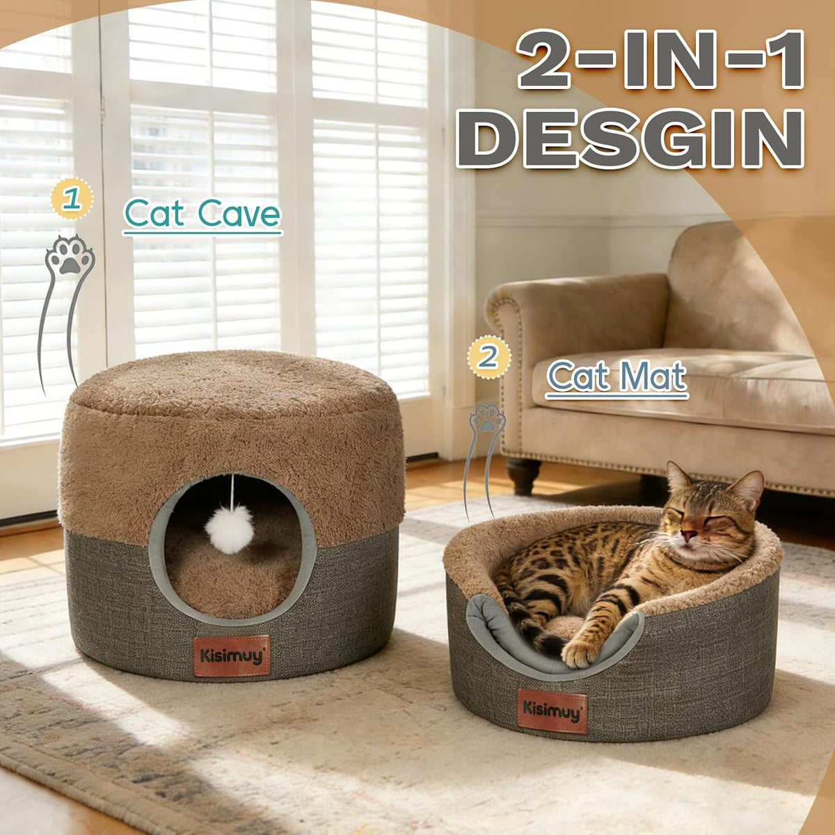 2-In-1 Cat Bed Cave, Cozy Covered Cat Beds for Indoor Cats,Pet Bed