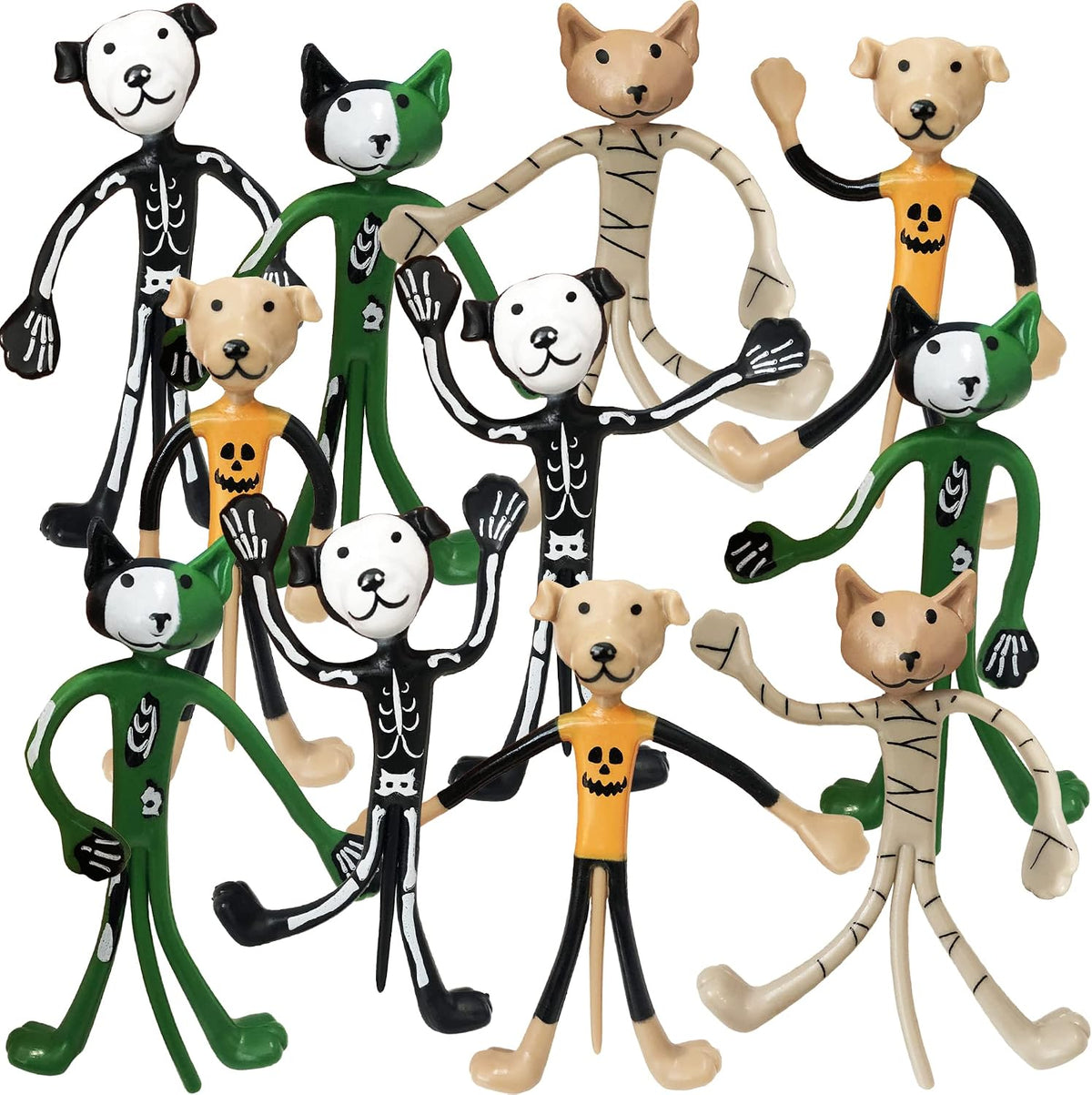 Halloween Bendable Figures - Set of 12 Flexible Dog and Cat Toys in 4 Spooky Designs, Fun Halloween Toys for Kids, Non-Candy Trick or Treat Supplies, and Party Favors