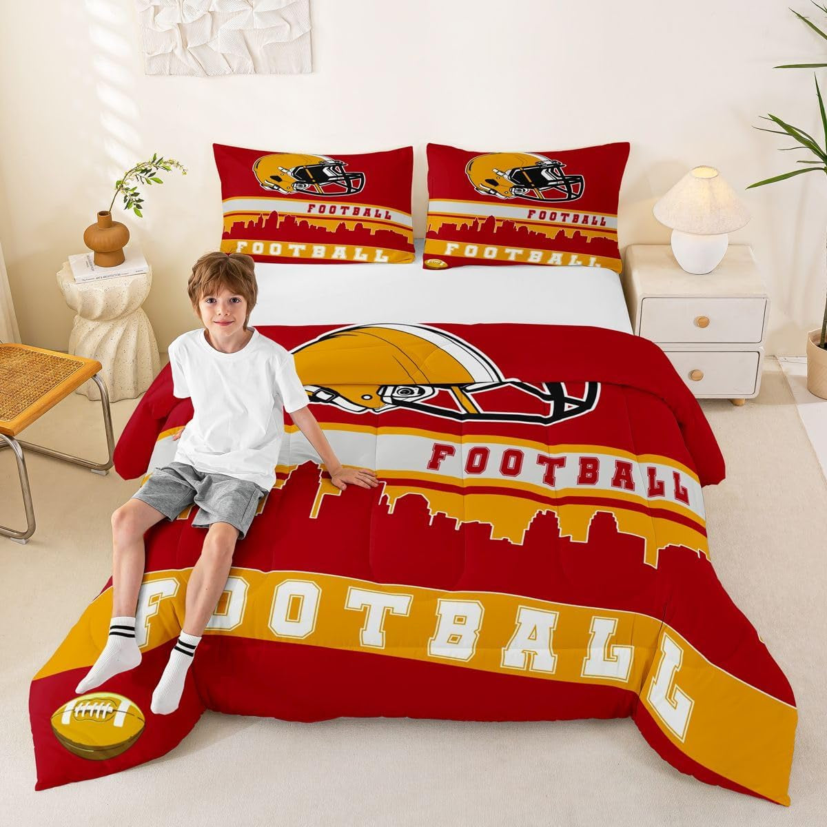 Football Comforter Set Full Football Fans Bedding for Kids Football City Bedding Comforter Sets Red Yellow Rugby Competition Room Decor Sports Ball Game Duvet Insert