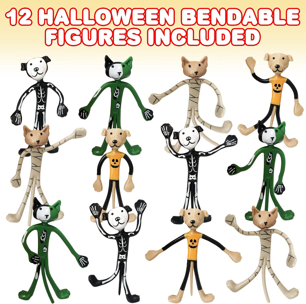 Halloween Bendable Figures - Set of 12 Flexible Dog and Cat Toys in 4 Spooky Designs, Fun Halloween Toys for Kids, Non-Candy Trick or Treat Supplies, and Party Favors
