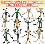 Halloween Bendable Figures - Set of 12 Flexible Dog and Cat Toys in 4 Spooky Designs, Fun Halloween Toys for Kids, Non-Candy Trick or Treat Supplies, and Party Favors