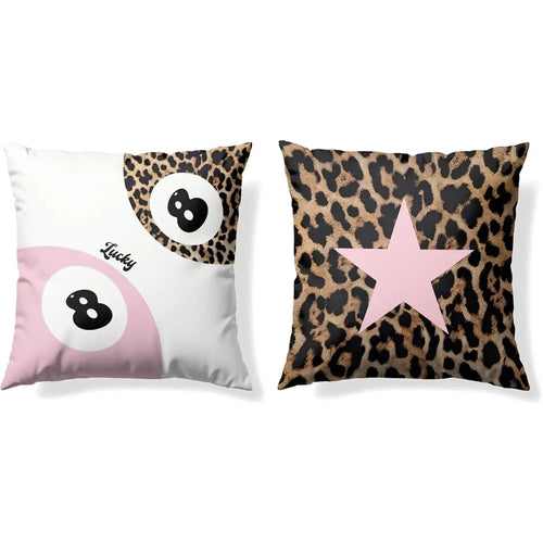 18X18 in Durable Linen Animals Printed Fabric Cushion Covers (2-Piece Set) - Stain Resistant Pink Cheetah Print & Lucky 8-Ball Design, Preppy Blend Sweet Look, Girls’ Bedroom Accent Gift for Cheetah Lovers