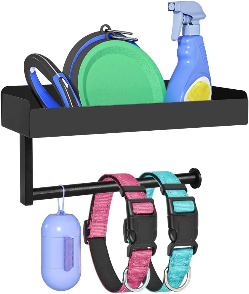 Magnetic Dog Leash Holder, Pet Stuff Organizer with Shelf Storage for Refrigerator, Metal Rack for Dog Collar Leash Toy Treats, Multifunctional Entryway Key Rack for Home Kitchen Bathroom