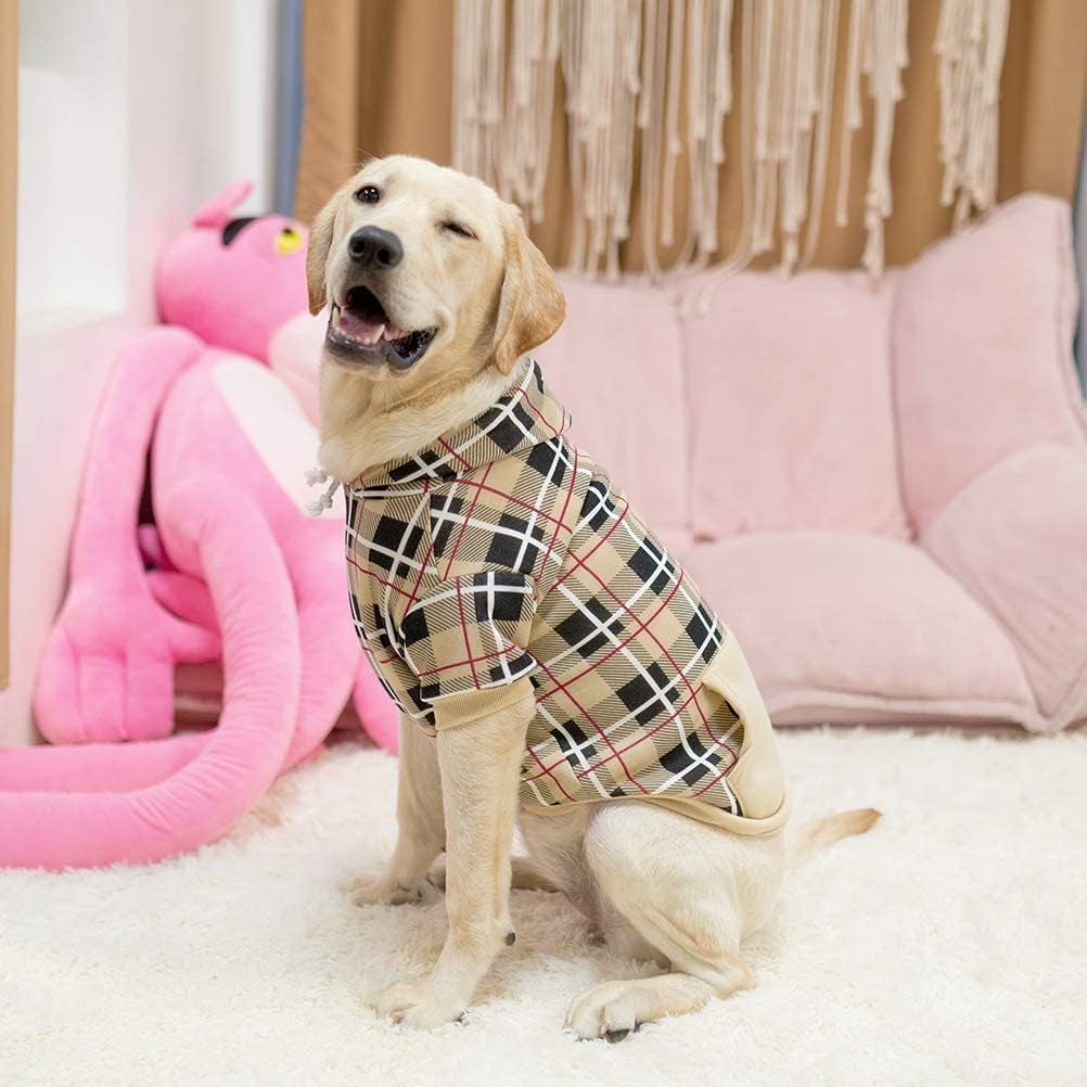 Plaid Dog Hoodie - British Style Warm Dog Sweater Shirt with Leash Hole,Pitbull Clothes Outfits,Winter Coat Apparel for All Breeds Puppy Girl Boy-Cat Apparel,Beige Xl-Xxlarge