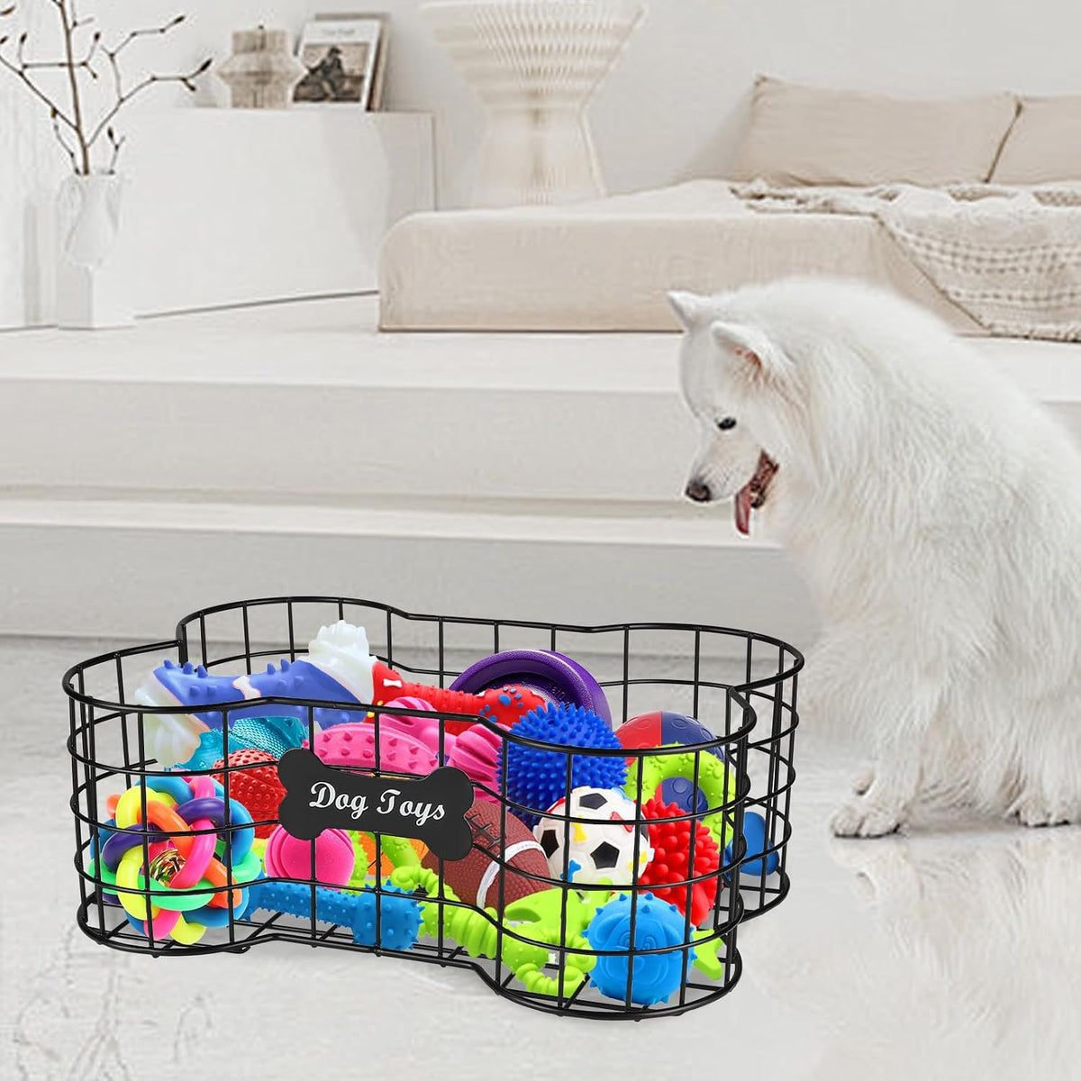 Dog Toy Basket, Bone Shaped, Black, Metal, Organizer, Storage, Pet Accessories