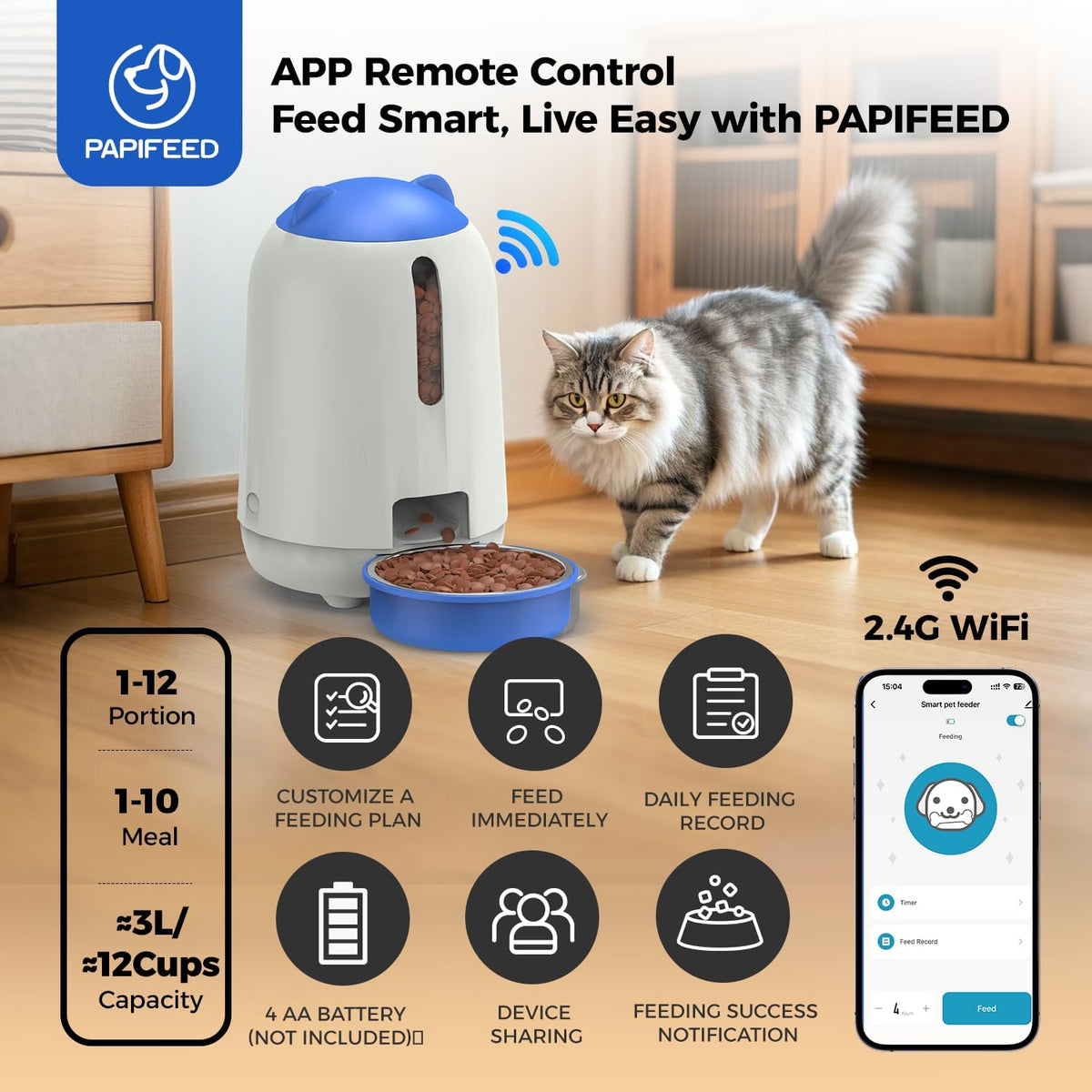 Automatic Cat Feeder with App, 2.4G Wifi Cat Food Dispenser, 3L Timed Cat Feeders for Dry Food, 10 Meals/Day, 6 Portions/Meal, Dual Power Supply Smart Pet Feeder for Cat, Blue