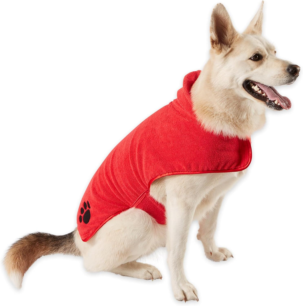 Pet Robe Collection Embroidered Absorbent Microfiber Bath Robe with Adjustable Closure, for Dogs & Cats, Large, Red