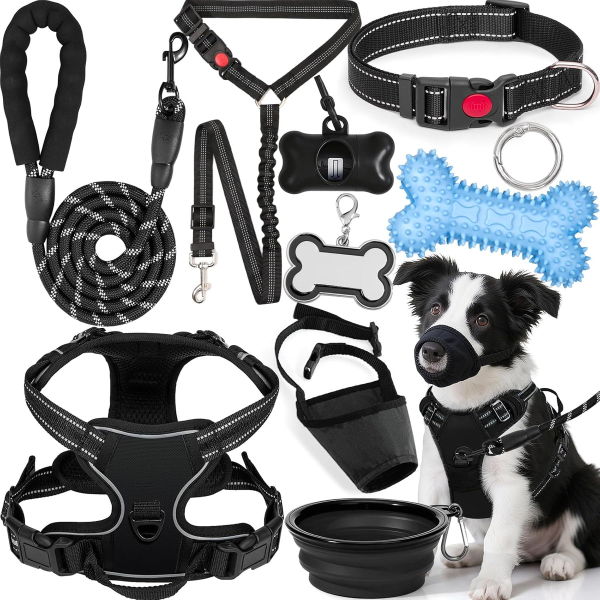 Dog Harness Collar and Leash Set - Dog Halter Harnesses Fits Small Medium Dogs (Black-M)