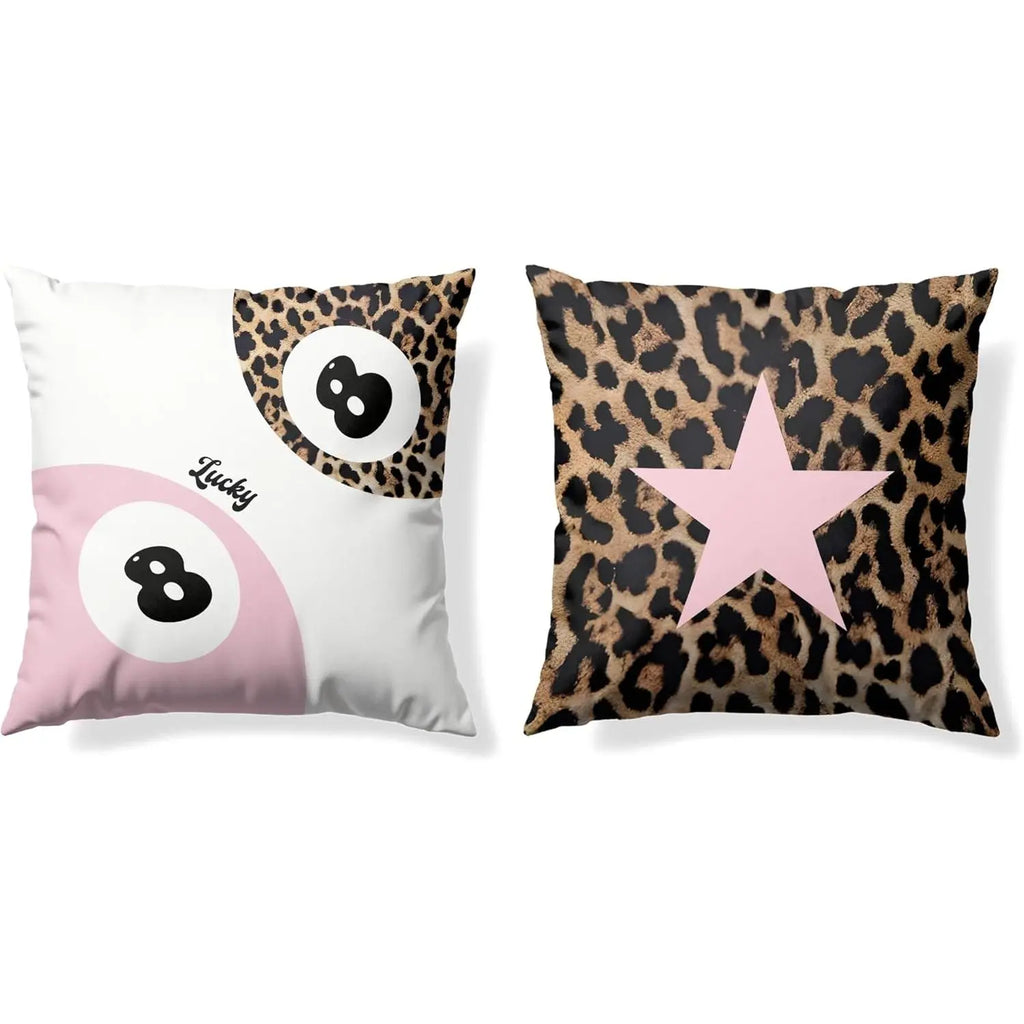 18X18 in Durable Linen Animals Printed Fabric Cushion Covers (2-Piece Set) - Stain Resistant Pink Cheetah Print & Lucky 8-Ball Design, Preppy Blend Sweet Look, Girls’ Bedroom Accent Gift for Cheetah Lovers
