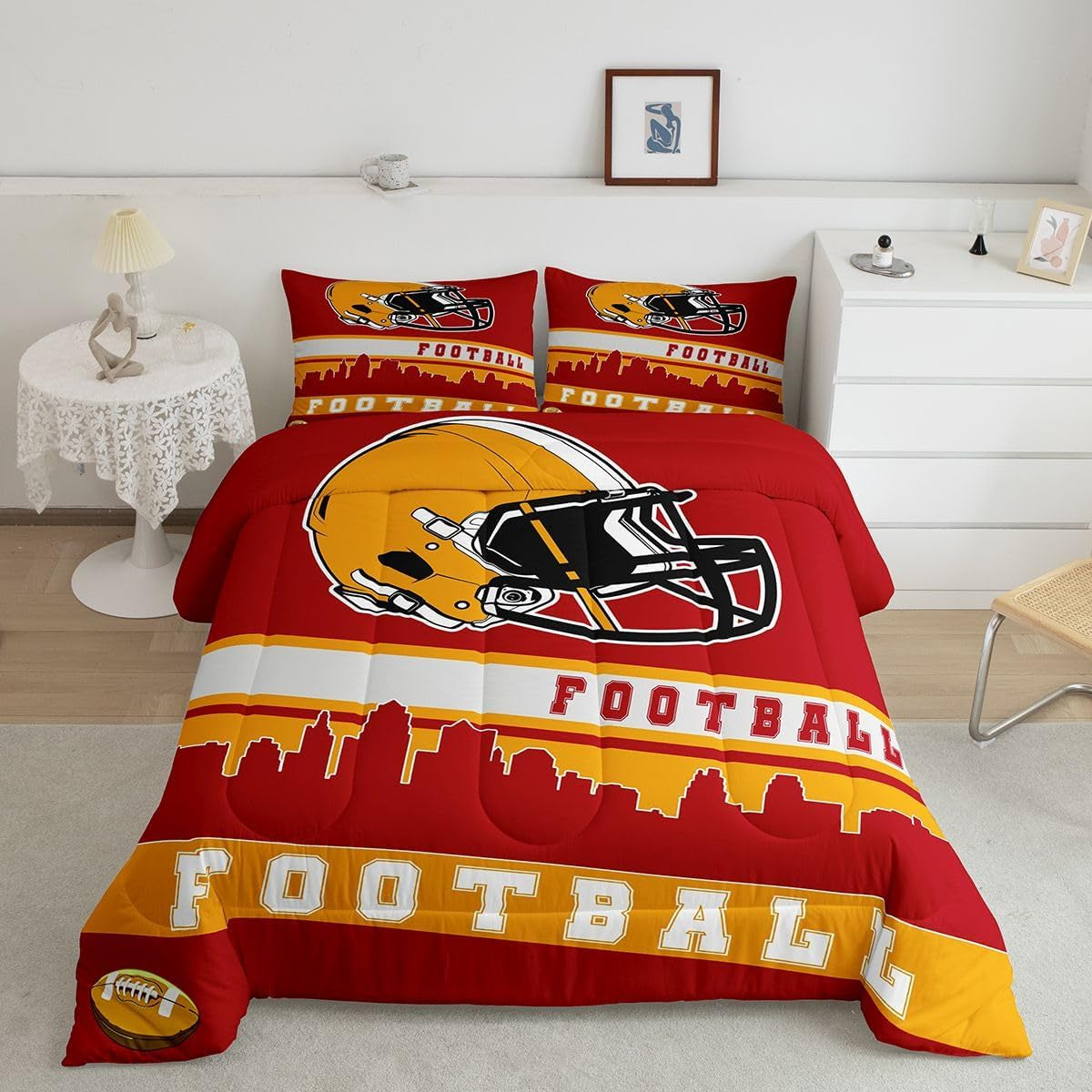 Football Comforter Set Full Football Fans Bedding for Kids Football City Bedding Comforter Sets Red Yellow Rugby Competition Room Decor Sports Ball Game Duvet Insert