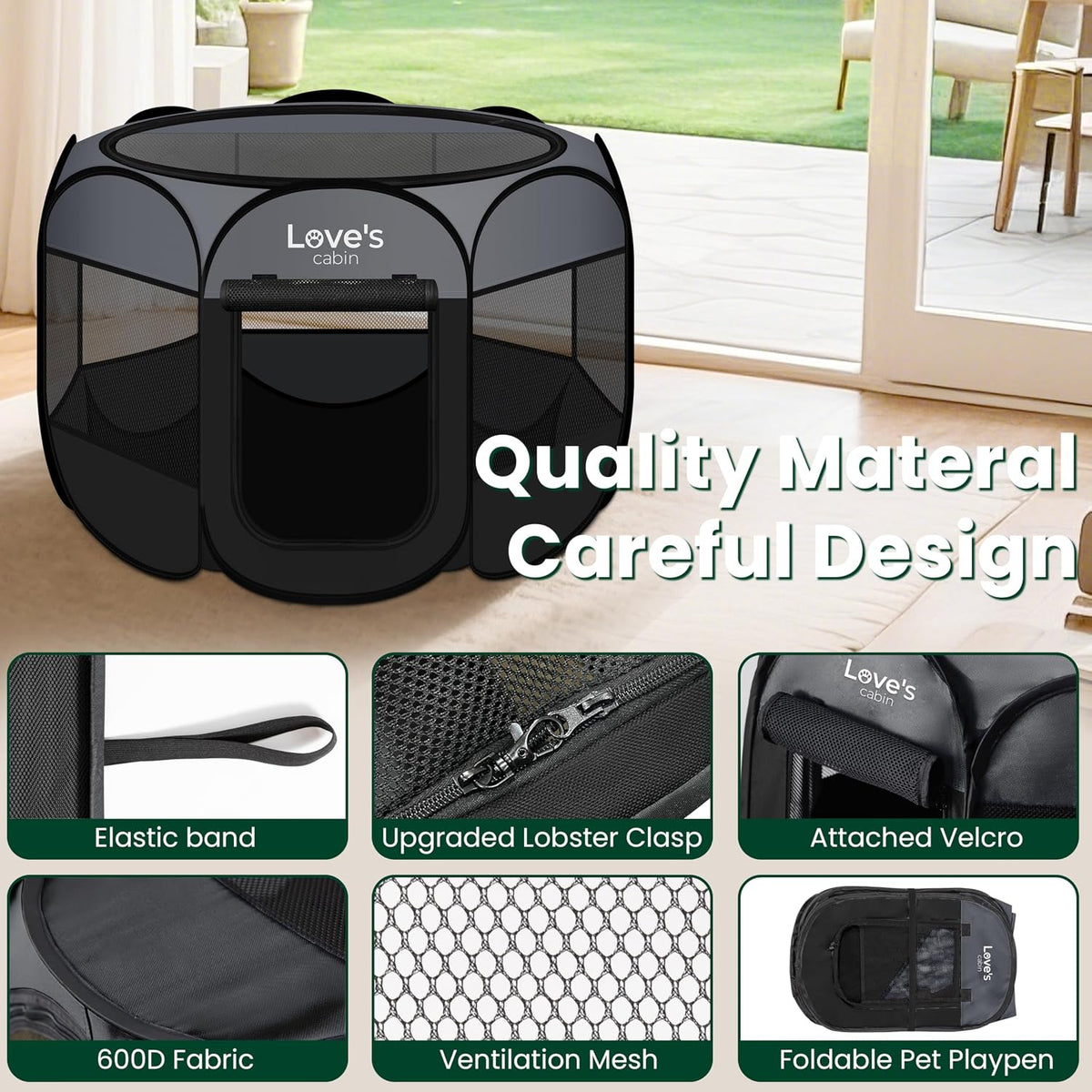 Pet Puppy Dog Playpen, Small Dog Tent Crates Cage Indoor/Outdoor, Portable Playpen for Cat, Foldable Pop up Dog Kennel Playpen with Carring Case, Removable Zipper Top, Dark Grey