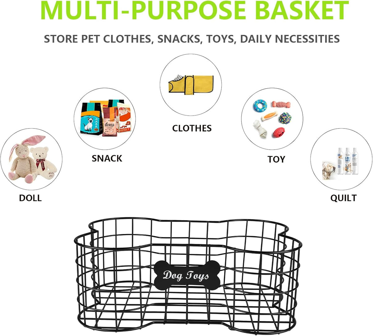 Dog Toy Basket, Bone Shaped, Black, Metal, Organizer, Storage, Pet Accessories